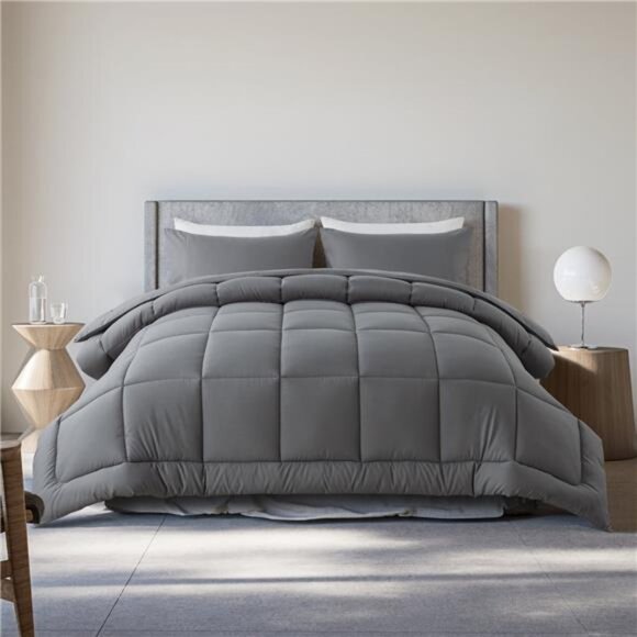 3-Piece Queen Size Down Alternative Comforter Set Dark Gray | Comforter + - Picture 1 of 7
